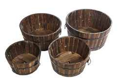 Set of 4 x Rustic Wooden Barrel Planters