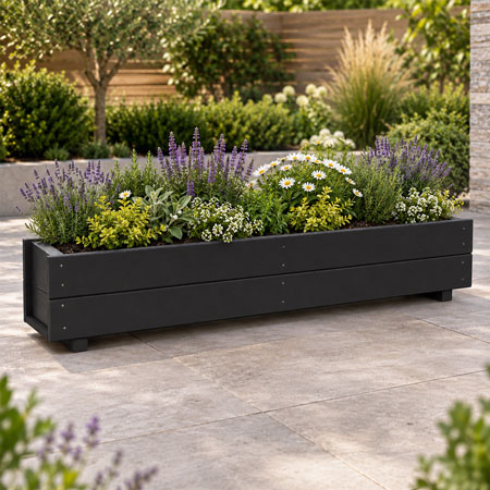 Heavy Duty Black Wooden Trough Planter Fully Assembled Garden Plant Box (120x23x22cm)