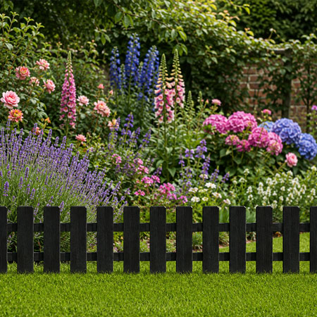 Black Wooden Picket Fence 100cm Garden Border Lawn Edging 39cm High