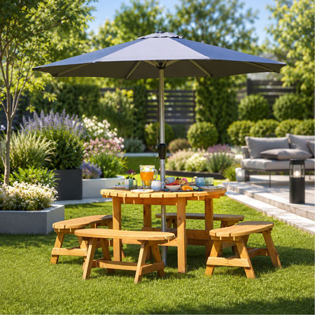 Rustic Wooden Picnic Dining Set with Round Table and 4 Benches