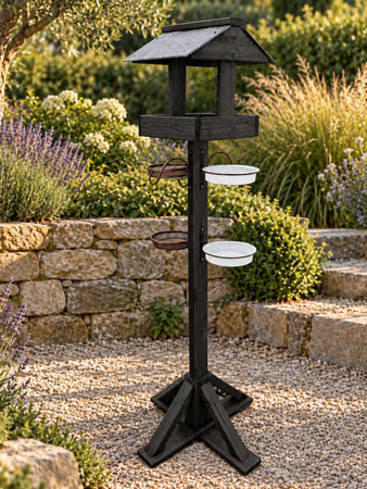 Black Wooden Bird Table Multi Feeding Station with Genuine Slate Roof