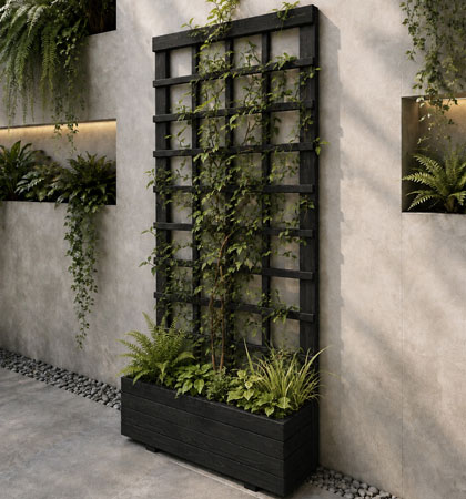 Heavy Duty Wooden Black Planter with 1.8m Climbing Rose Tall Trellis