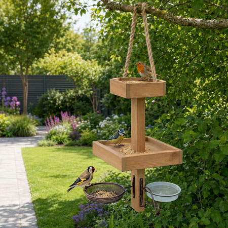 Wooden Hanging Garden Bird Table with Water Dish and Mesh Station Feeders