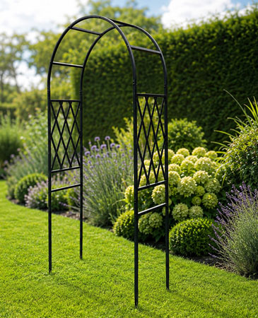 Black Steel Garden Arch with Decorative Lattice 226 cm H x 110 cm W x 40 cm D 