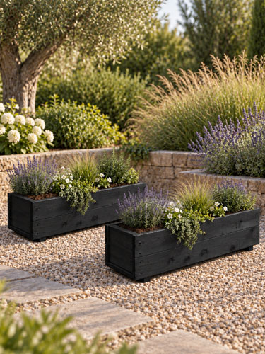 Pair of Black Wooden Garden Trough Planters Flower & Herb Boxes 80x23x22cm