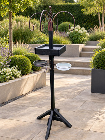 Black Wooden Garden Bird Feeding Station with Water Dish, Mesh Tray & 4 Hooks