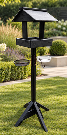 Black Wooden Bird Table Natural Slate Roof Feeding Station & Bird Bath