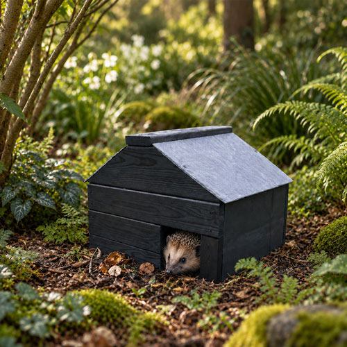 Wooden Hedgehog House Hibernation Shelter with Natural Slate Roof 
